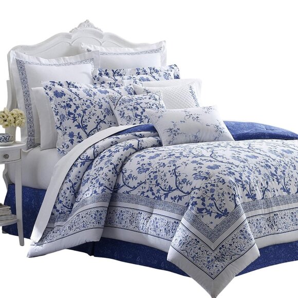 NEW Laura Ashley Cover Set Cotton 3-Piece Shams Charlotte Blue Full / Queen - Picture 1 of 14